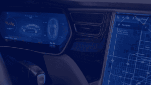 A close-up shot shows the interior of a car, featuring two illuminated screens. The left screen displays a graphic of a blue car along with some metrics. The screen on the right shows a navigation map. The interior is sleek with an aesthetic finish. This photograph could be used for projects about travel and technology, car interiors, navigation systems, and vehicle design.